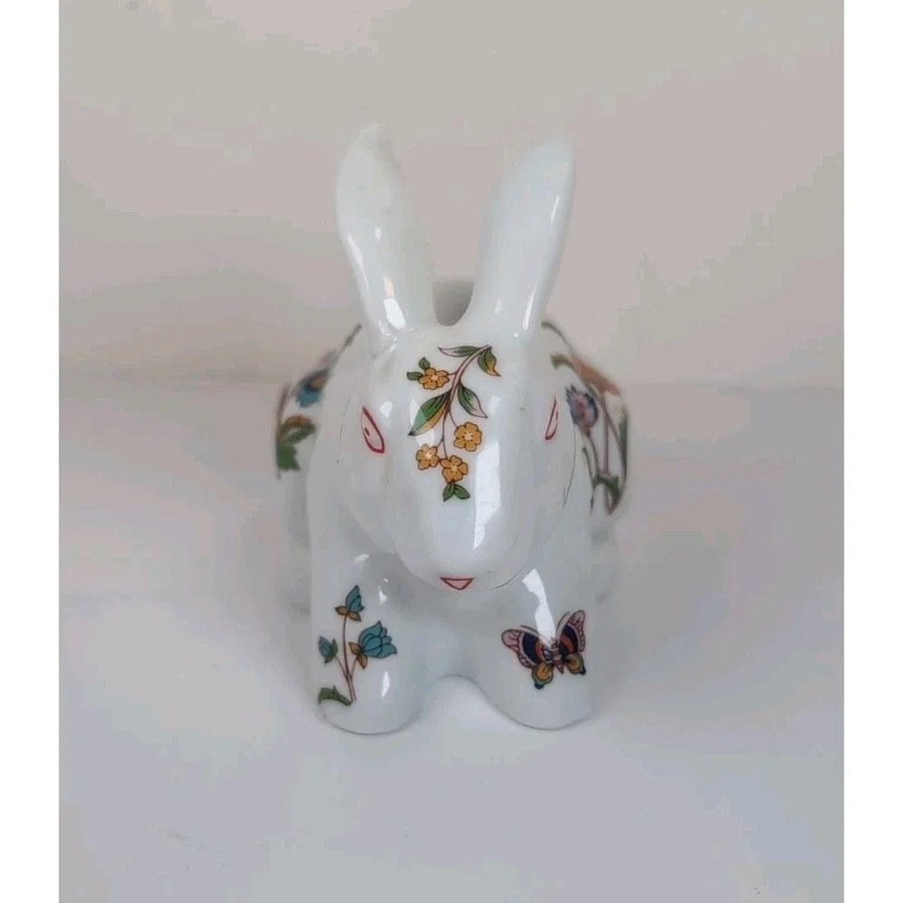 Trina Ceramic Bunny Cotton Ball Dispenser, Glazed W/Butterflies & Flowers Vintag